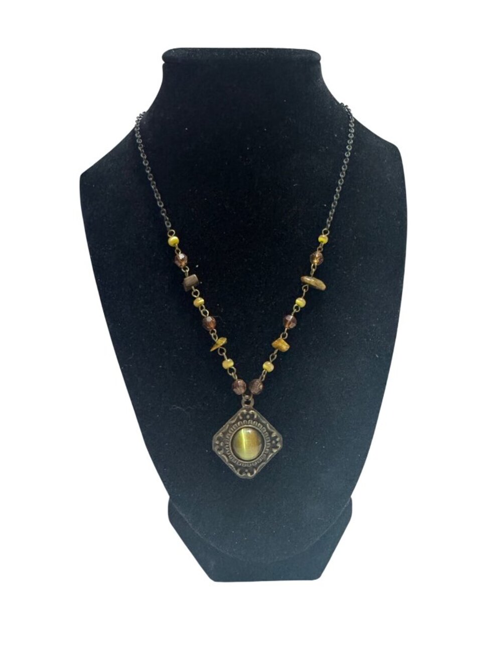 Vintage Beaded Chain Necklace Yellow Tiger Eye Pendant Adjustable Lobster Clasp
